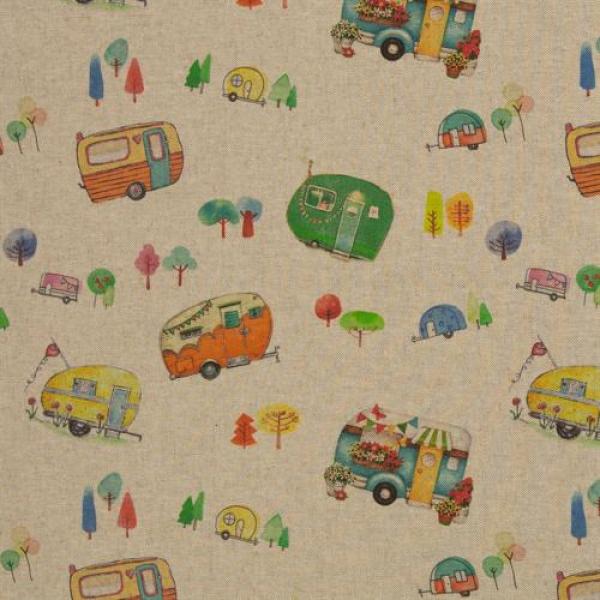 Dekodruck Bunte Wohnwägen auf Beige